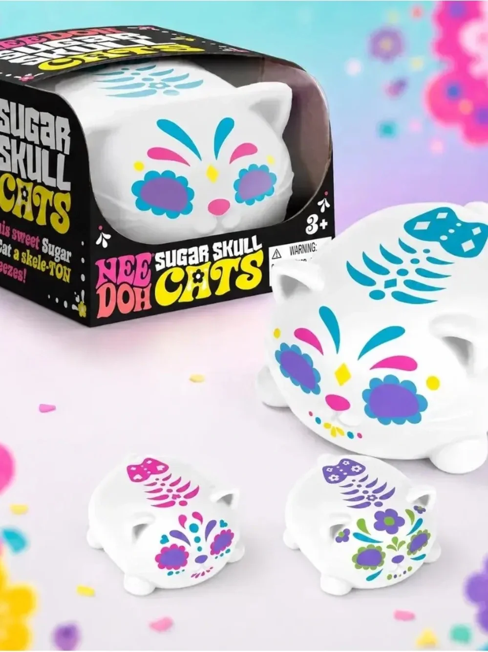 1 NeeDoh Sugar Skull Cat Squish- White with Pink, Purple or Blue Accents 4 Avail